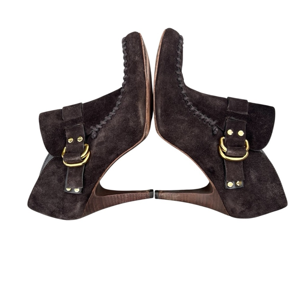 TORY BURCH Belen Suede Ankle Stiletto Booties Brown Buckle Women’s Size 10.5 - Picture 4 of 11